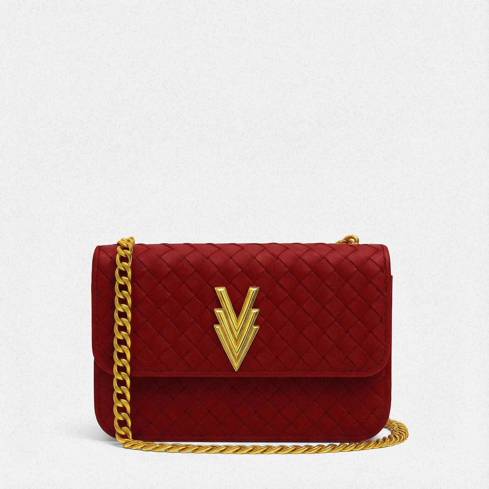 Red quilted handbag with gold chain and logo on a white background