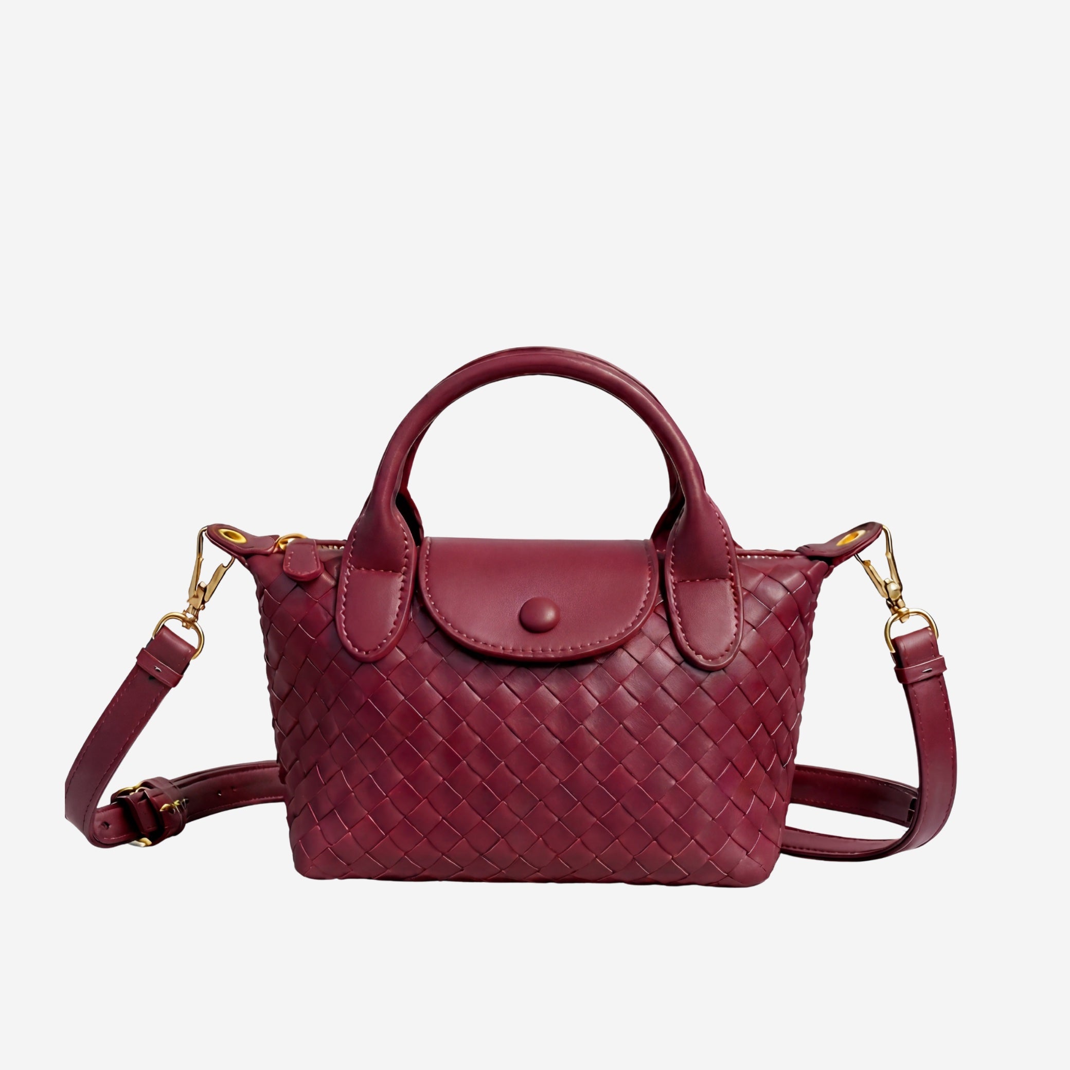 Maroon handbag with woven pattern on a white background