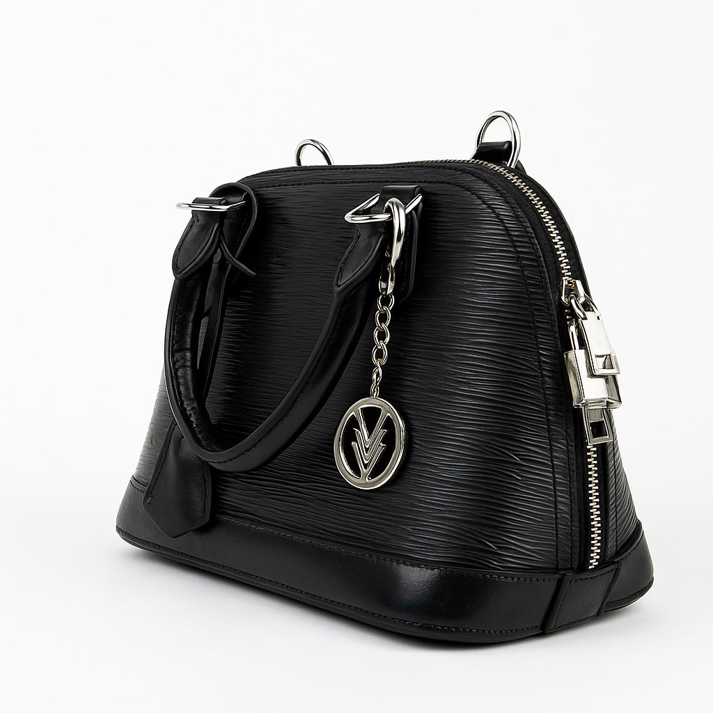 Black handbag with silver accents on a white background