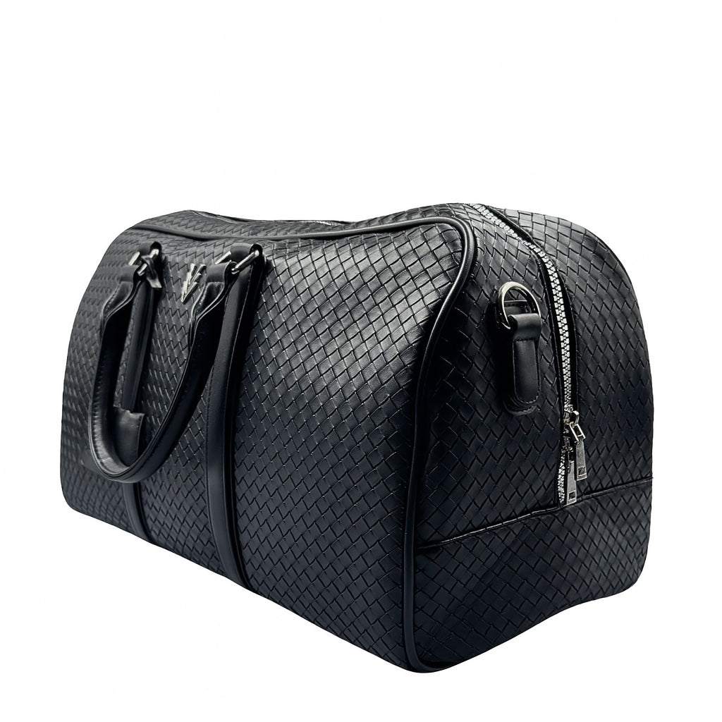 Black Rocco Weekend Duffle bag with embossed woven vegan leather texture and silver hardware