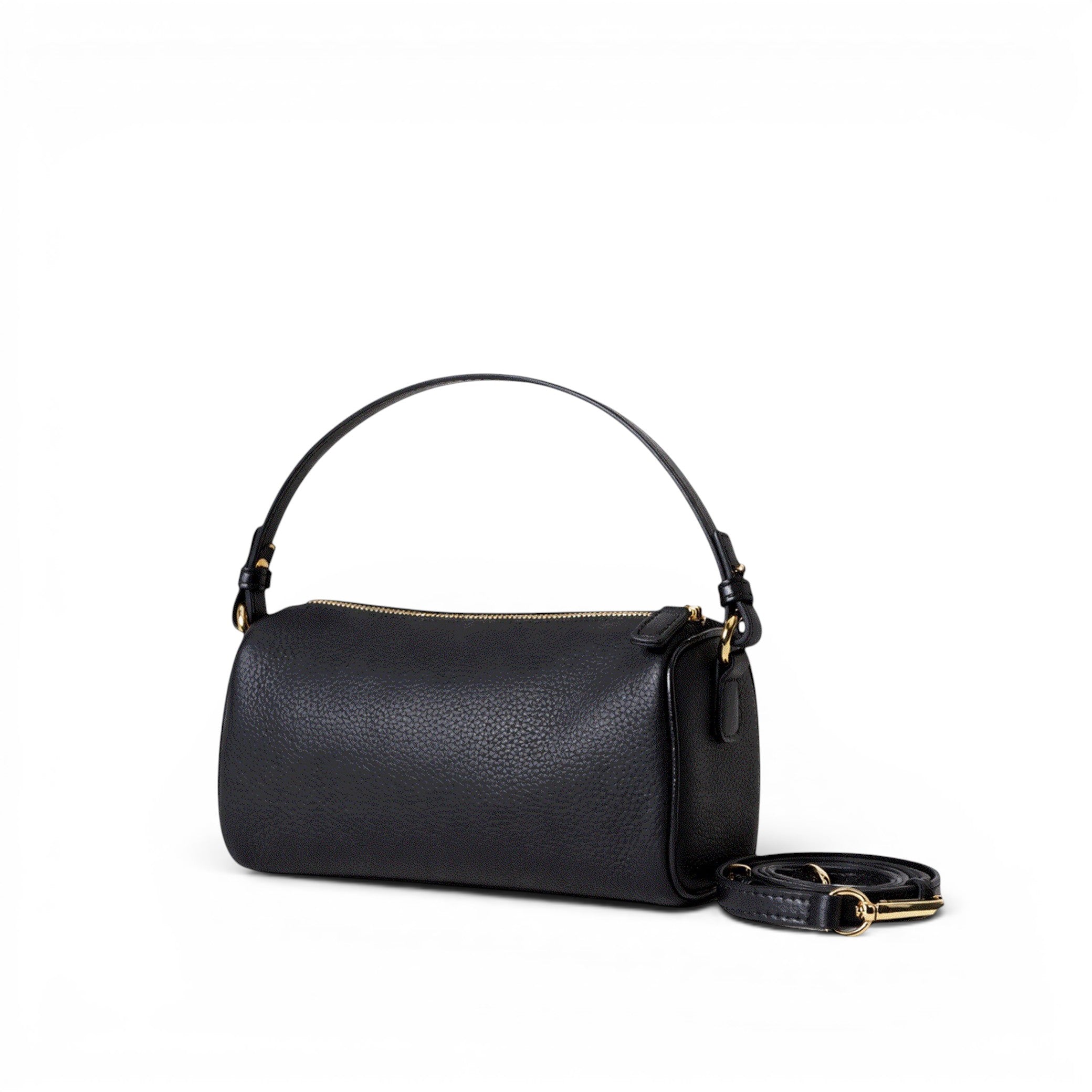 VAGOSHOPS black leather Dani crossbody bag with gold hardware and adjustable strap. Small, structured silhouette for compact carry.