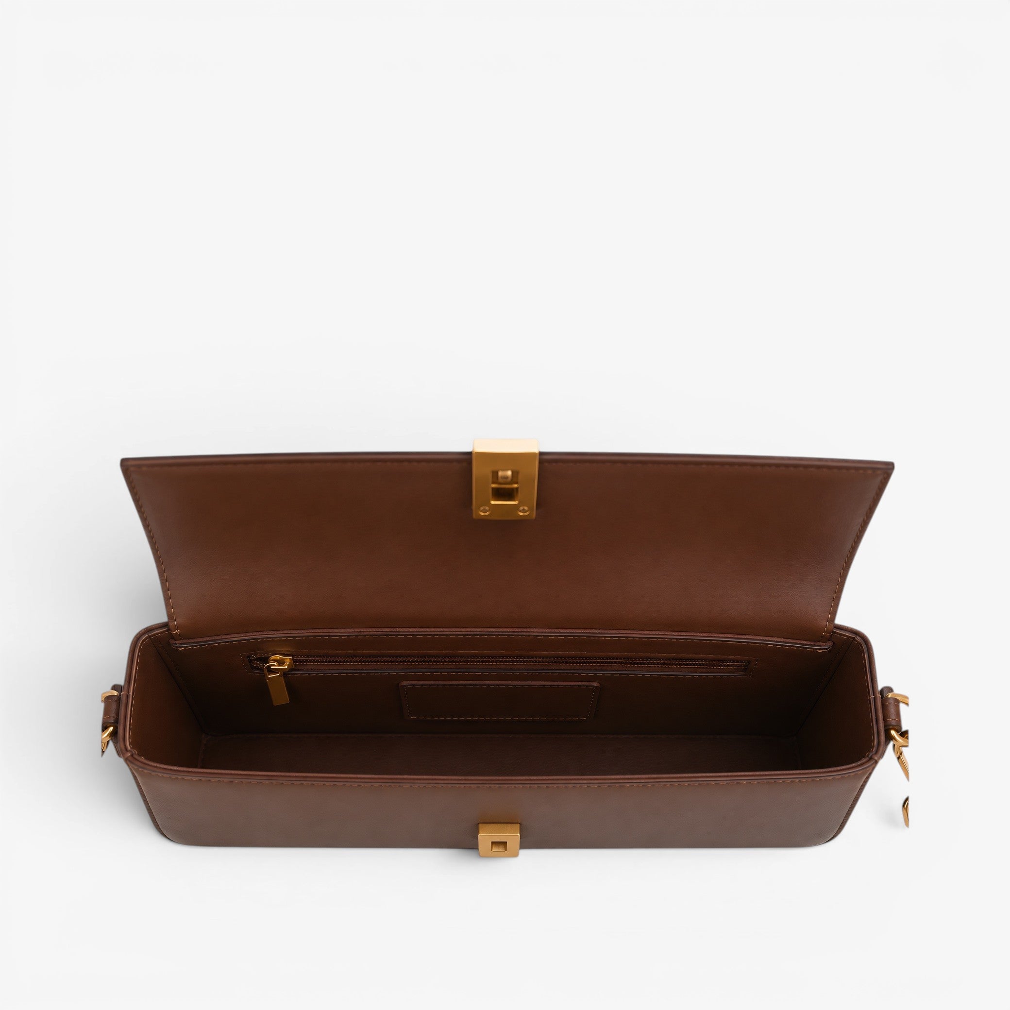 VAGOSHOPS Lena shoulder bag in rich brown genuine leather with gold-tone hardware and interior zip pocket.