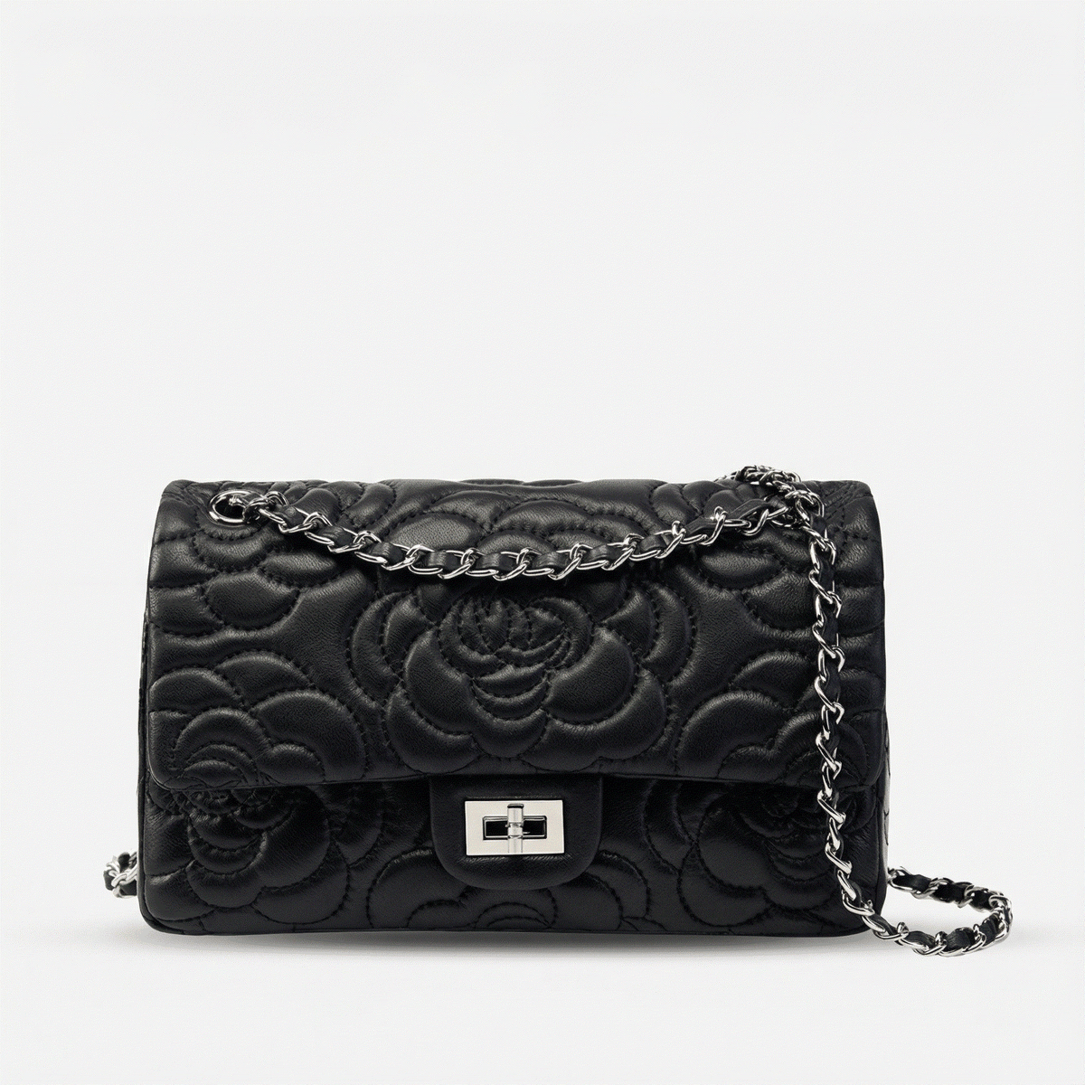 VAGOSHOPS Chiara black quilted leather handbag with a silver chain strap and polished silver-tone hardware.