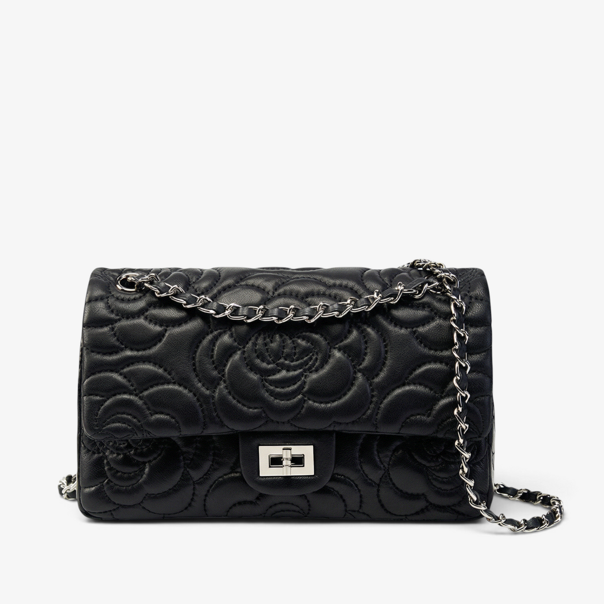 VAGOSHOPS Chiara black quilted leather bag with a structured silhouette and polished silver chain strap.