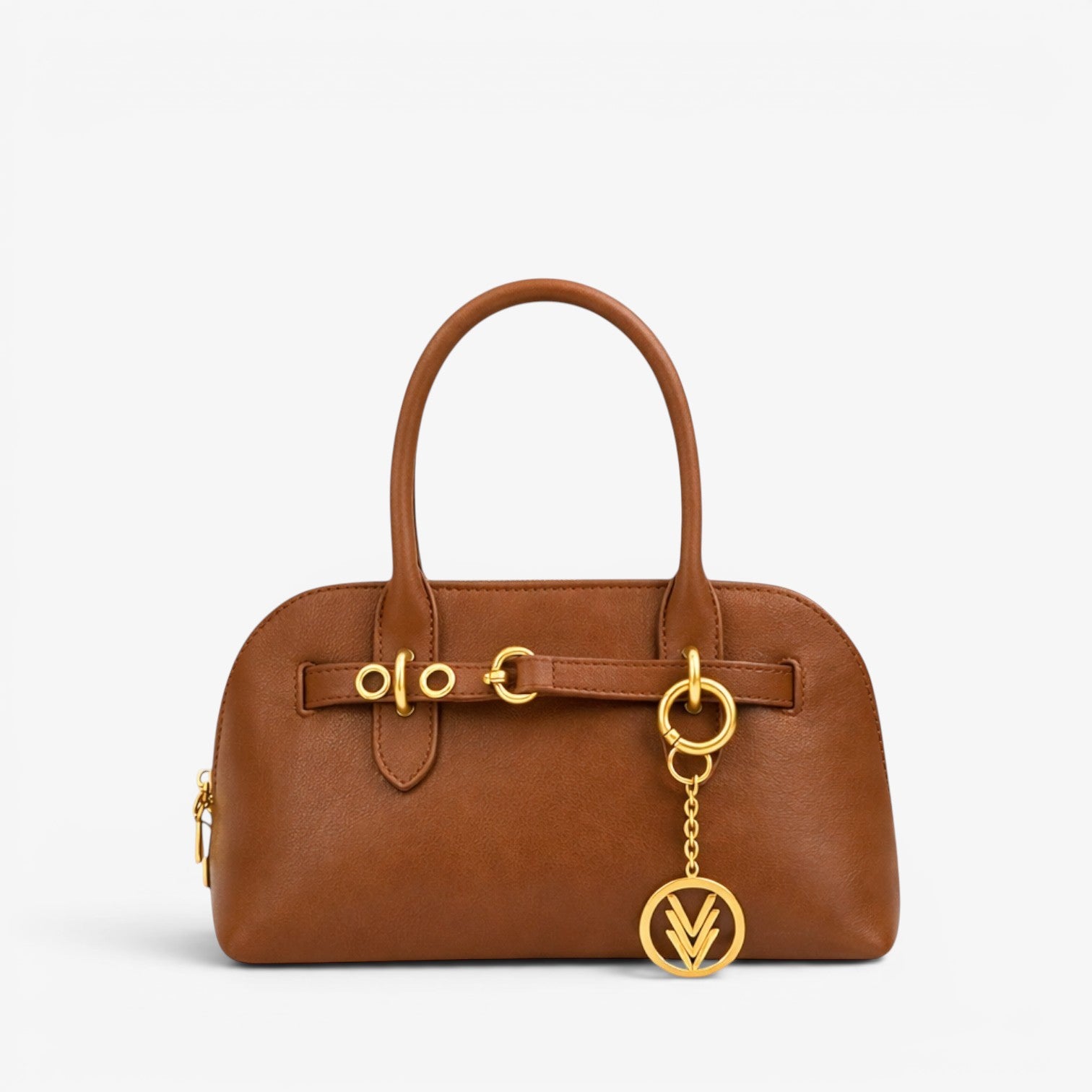 VAGOSHOPS Freya brown leather purse with gold hardware and iconic Three V charm, adjustable strap.