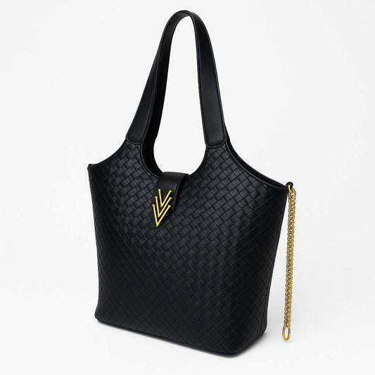 Woven Large Vegan Tote with Key Chain and Inside Pockets - VAGOSHOPS