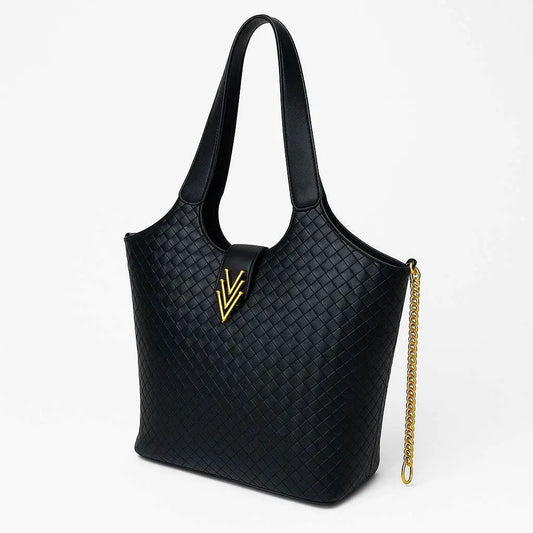 Woven Large Vegan Tote with Key Chain and Inside Pockets - VAGOSHOPS