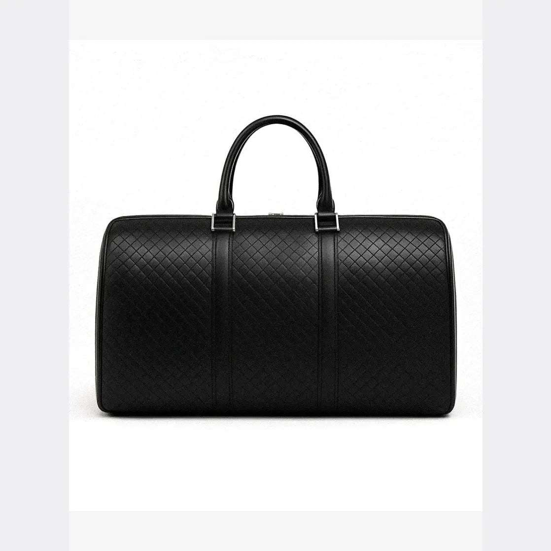 Black quilted leather duffel bag on a white background