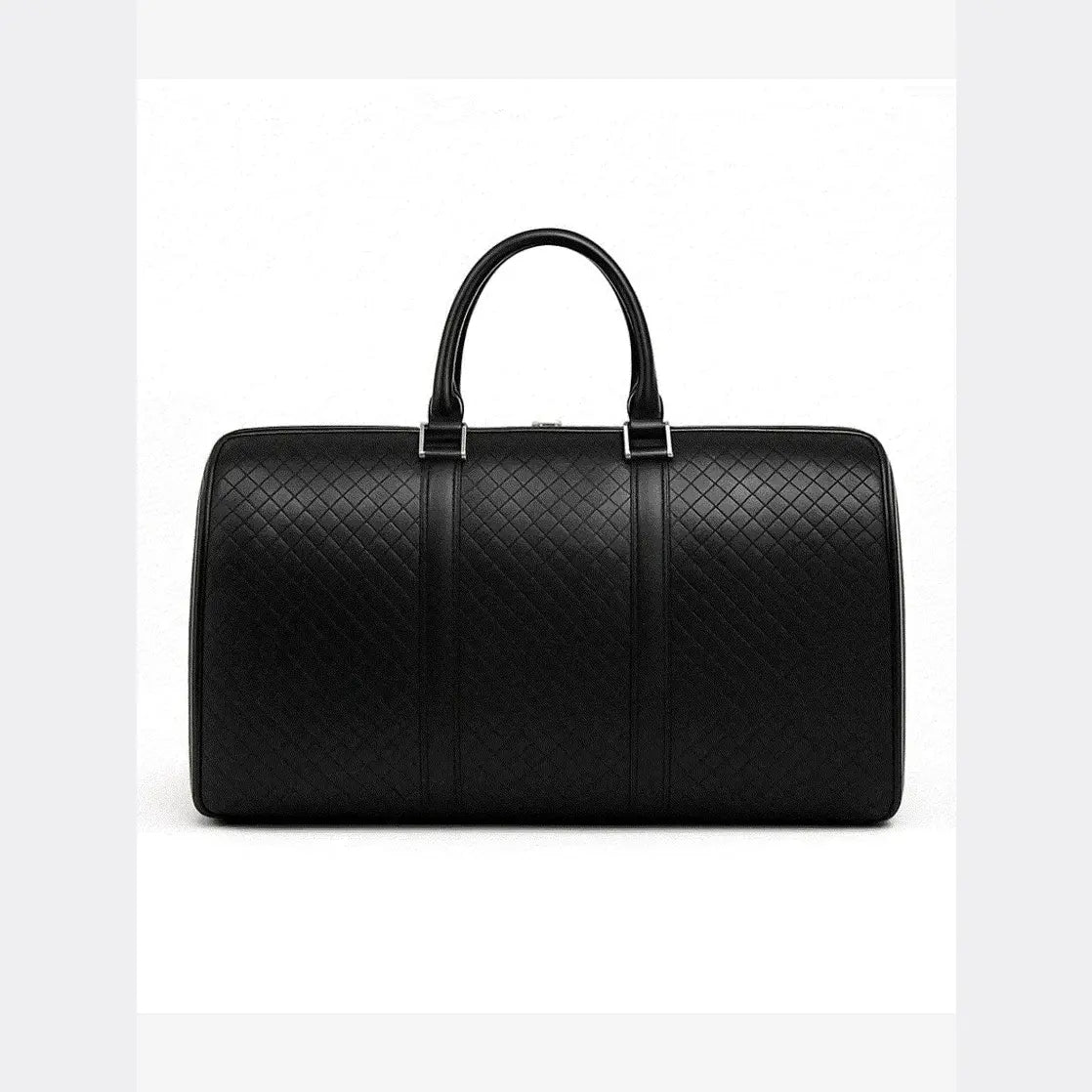 Black quilted leather duffel bag on a white background