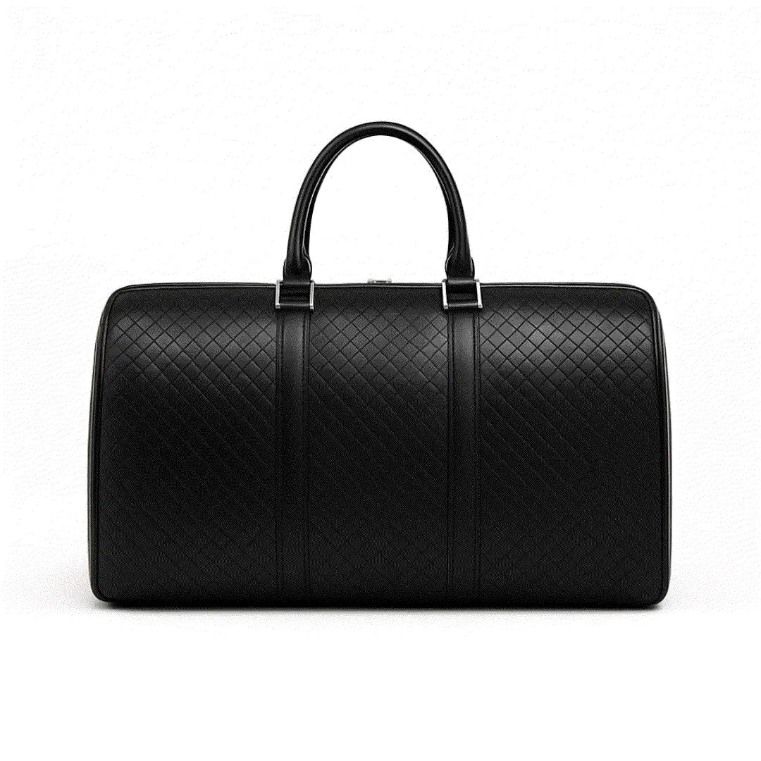 Black quilted leather duffel bag on a white background