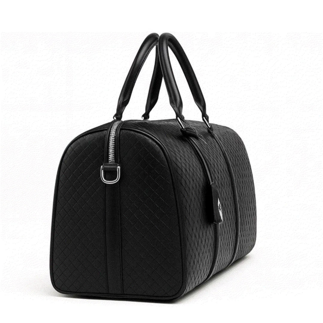 Black quilted duffel bag on a white background