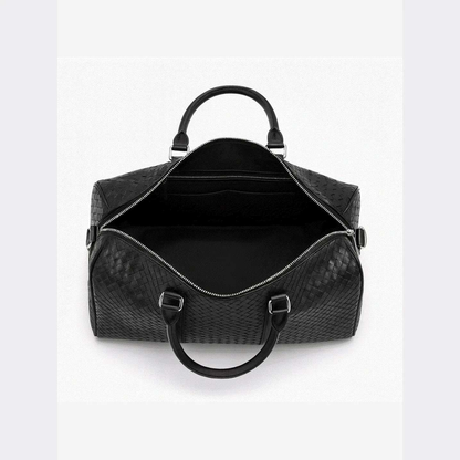 Black textured duffel bag with open top on a white background