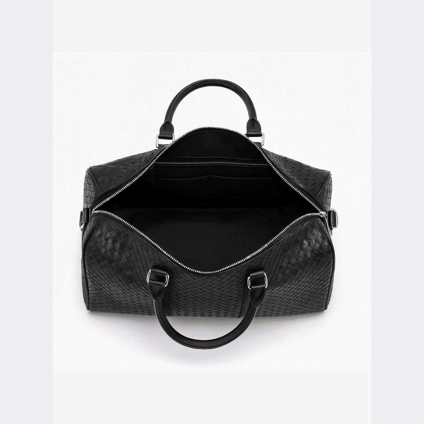 Black textured duffel bag with open top on a white background