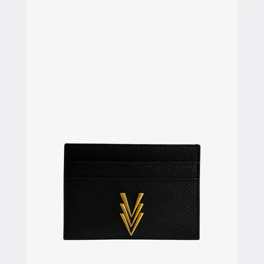 Black cardholder with gold emblem on a white background