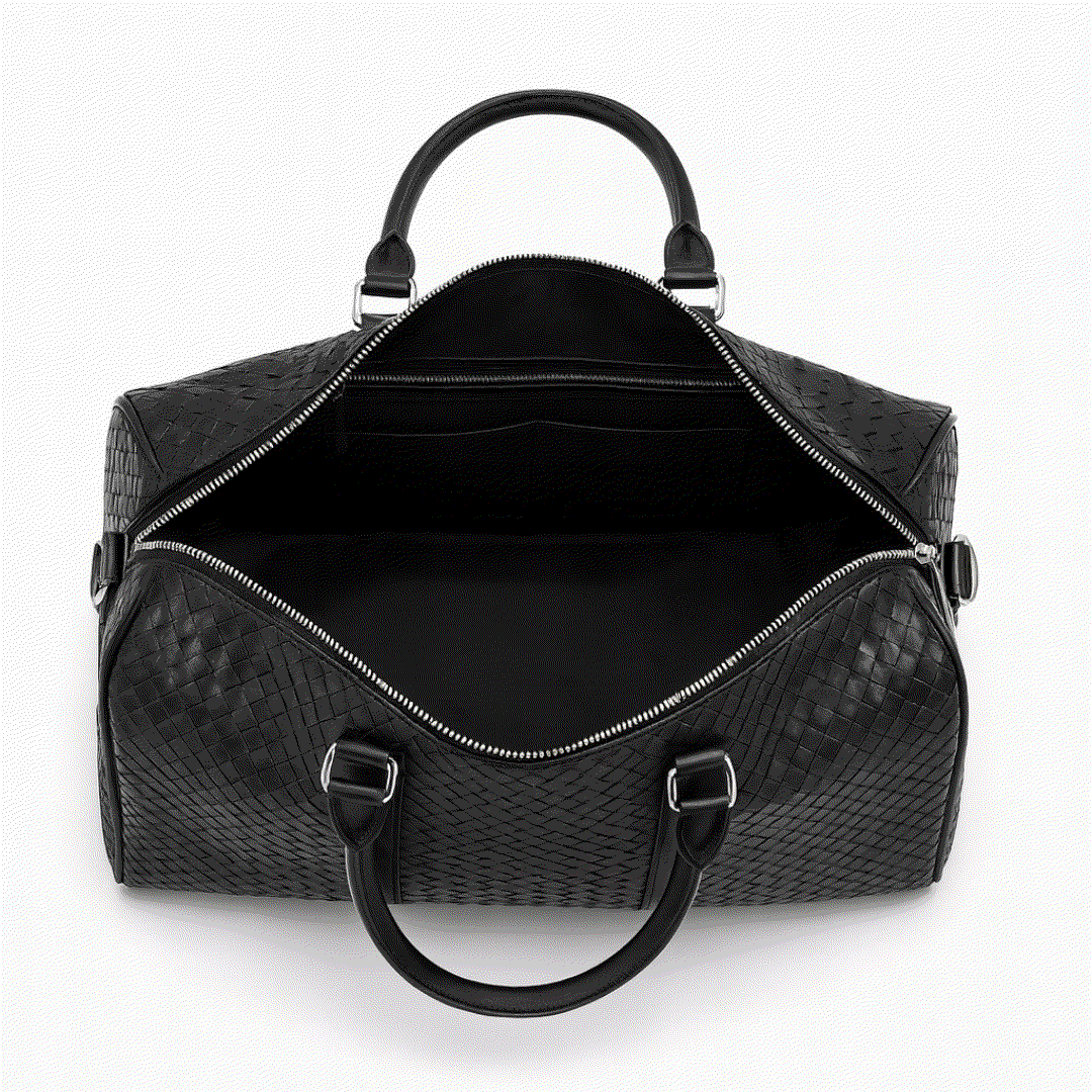 Black textured duffel bag with open top on a white background