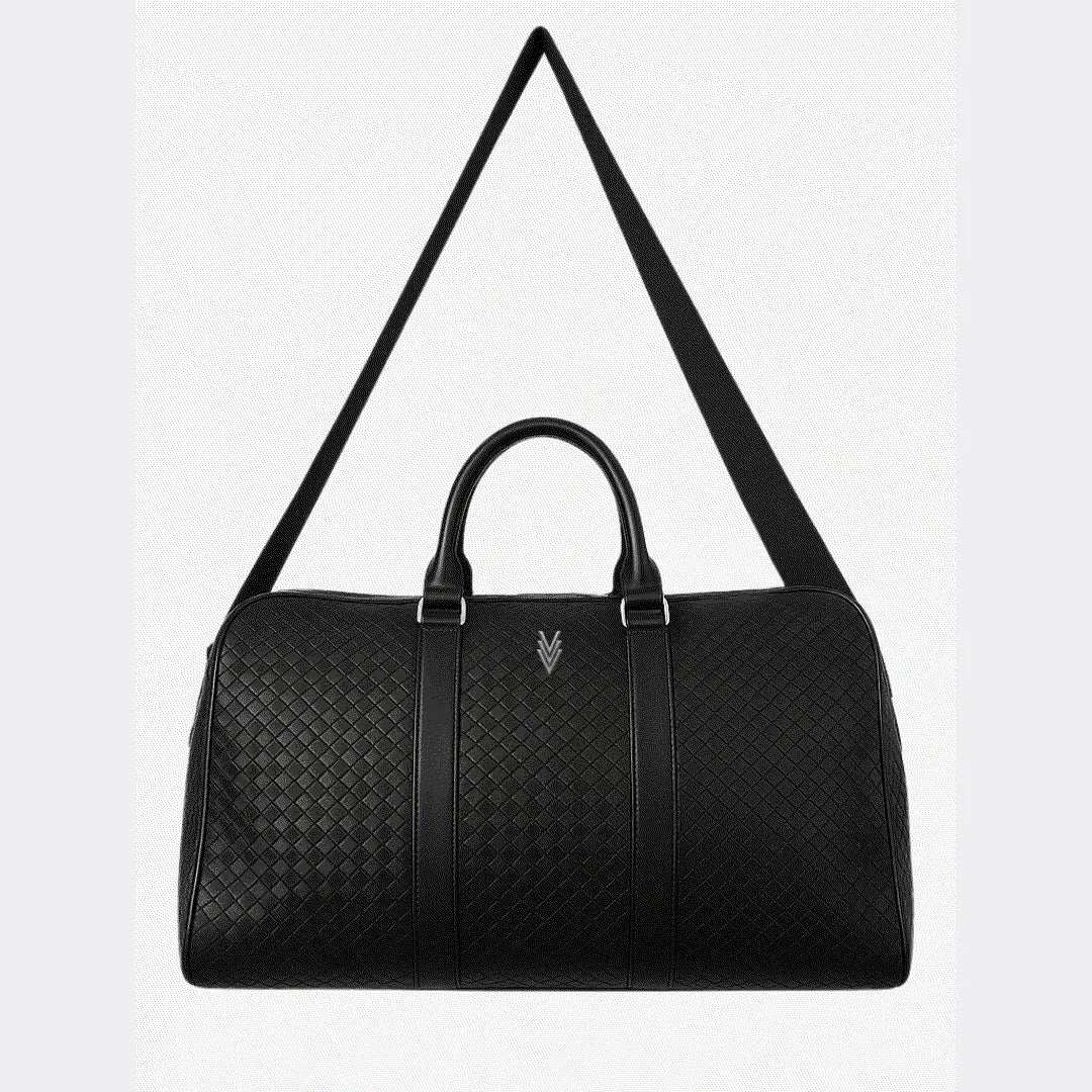 Black textured duffel bag with a strap on a light gray background