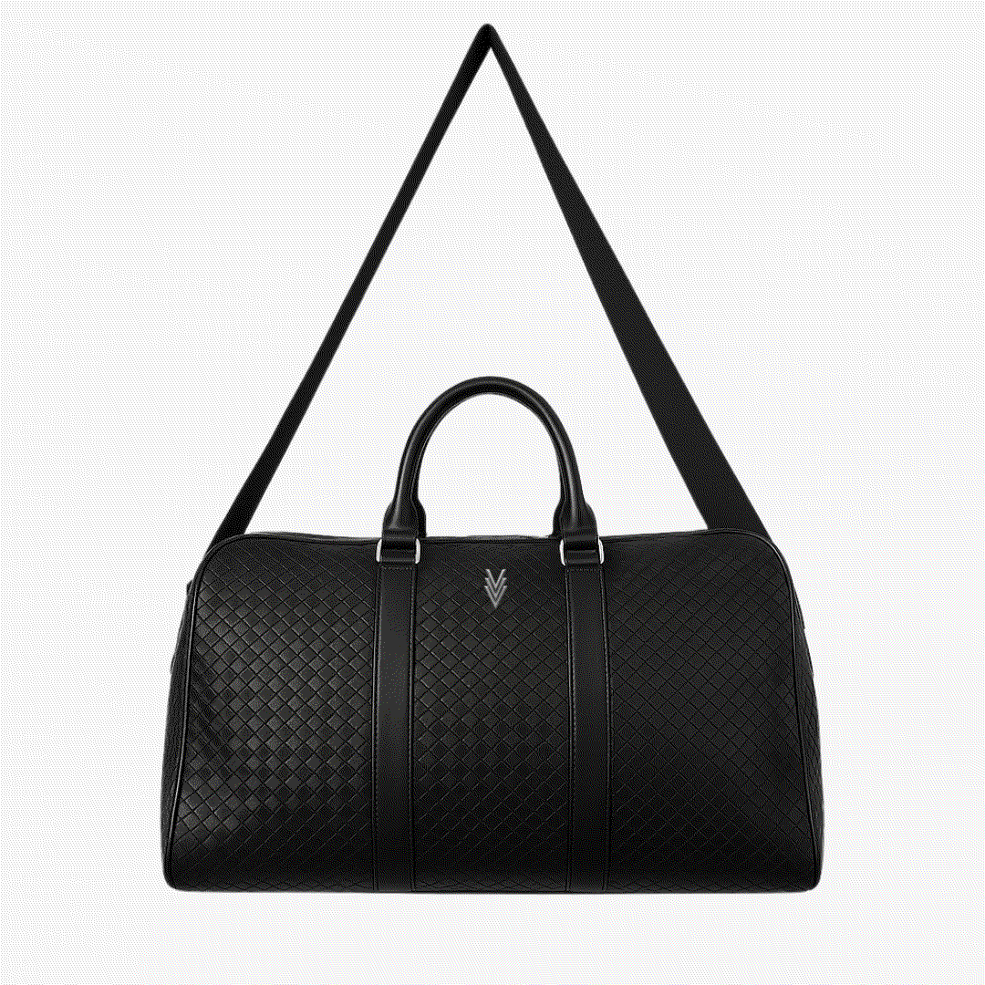 Black textured duffel bag with a strap on a light gray background