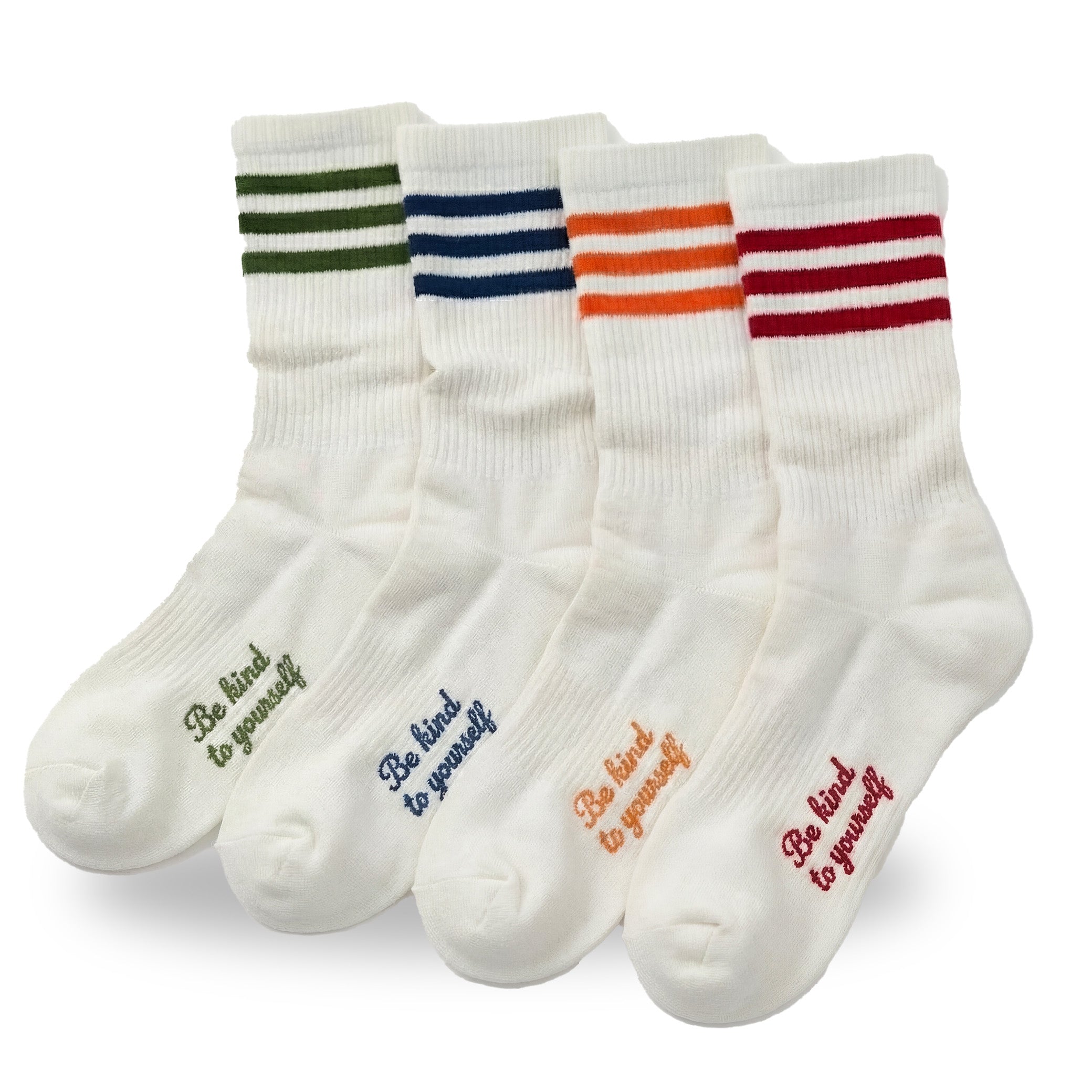 Set of five white socks with colorful stripes and motivational text on a white background