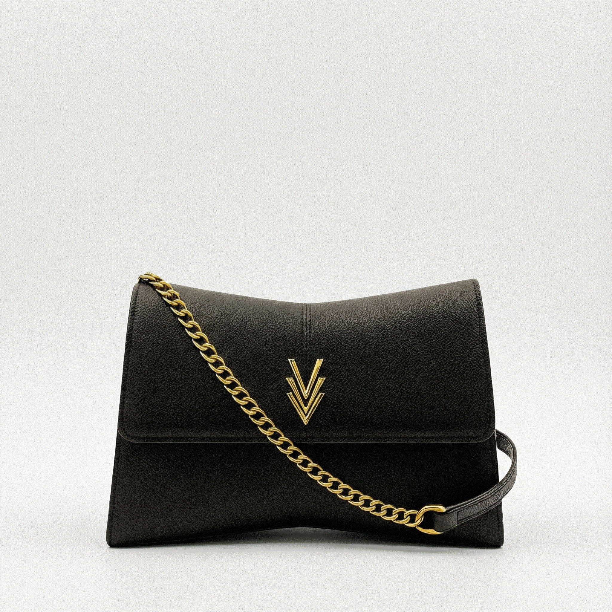 Black handbag with gold chain strap on a white background