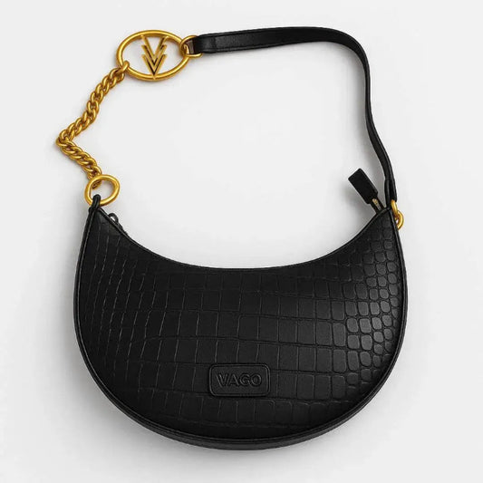 Half Moon Embossed Vegan Purse with Gold Chain and Logo