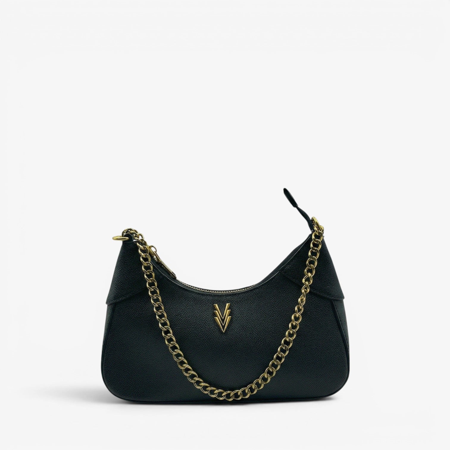 Black handbag with gold chain strap on a white background