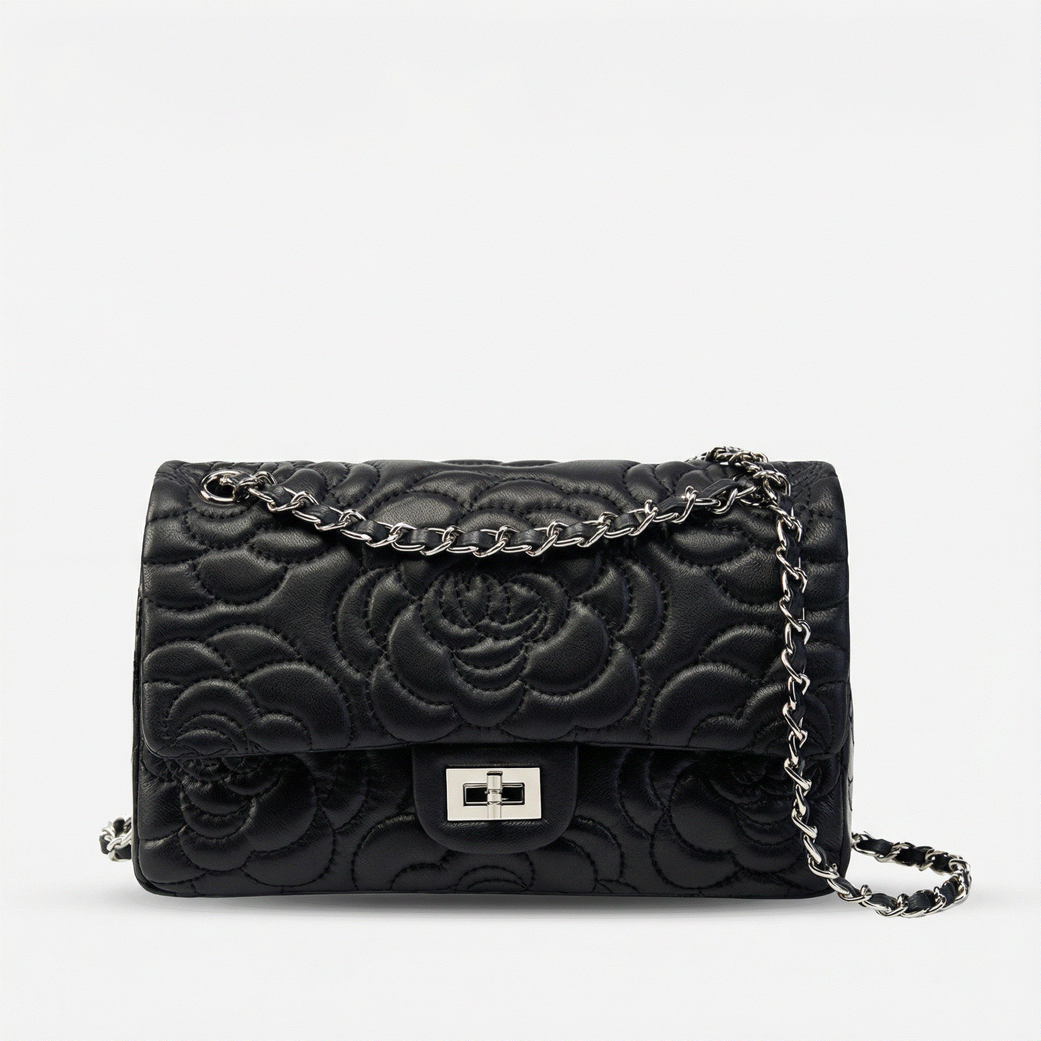 Black floral embossed handbag with a chain strap on a white background