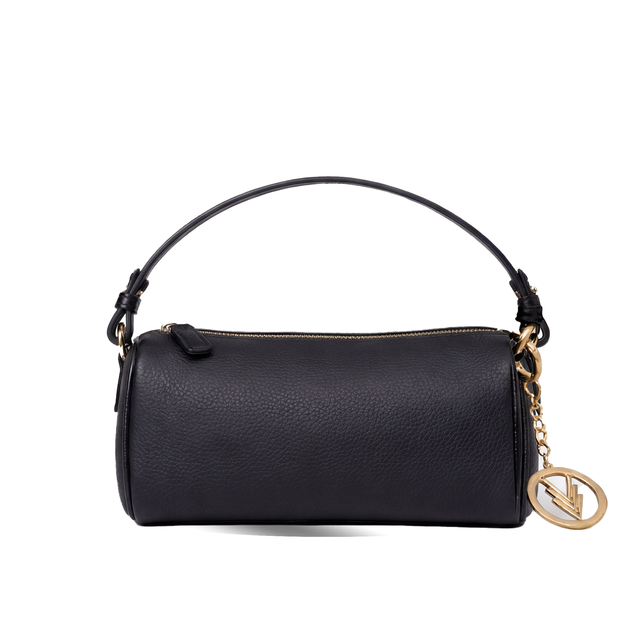 black leather bag with gold accent on a off white background