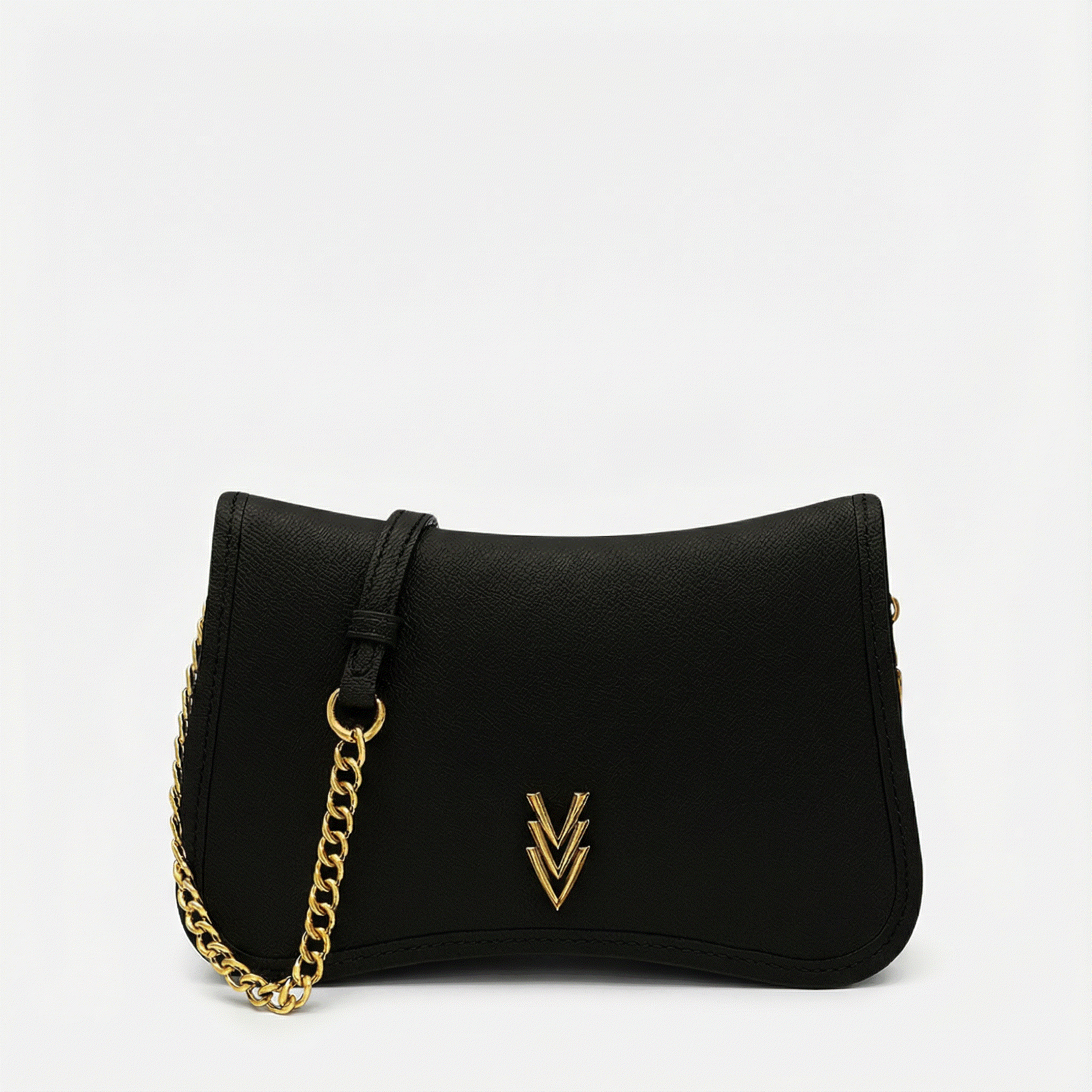 Black handbag with a gold chain and logo on a white background