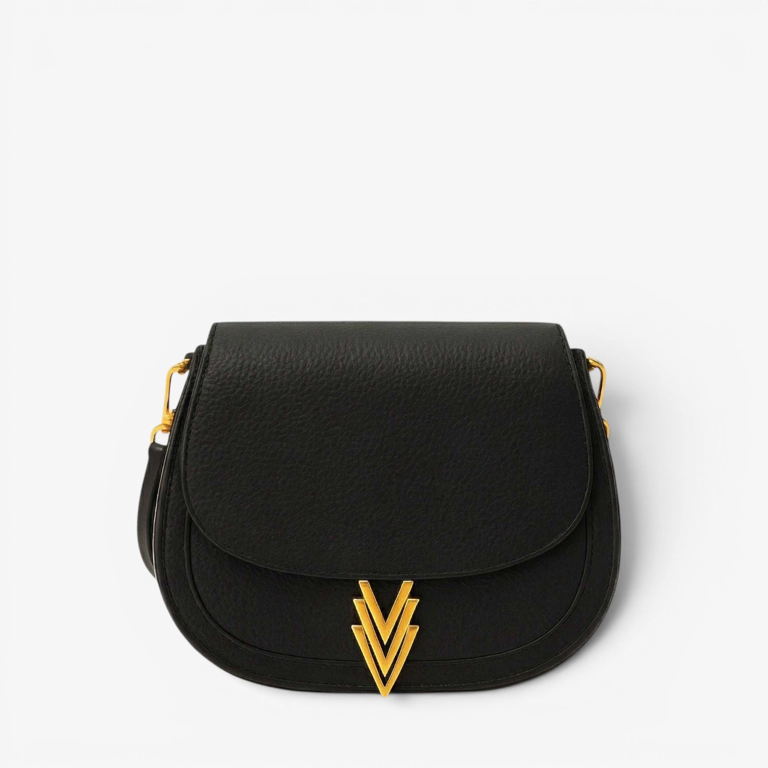 Black handbag with a gold emblem on a light gray background