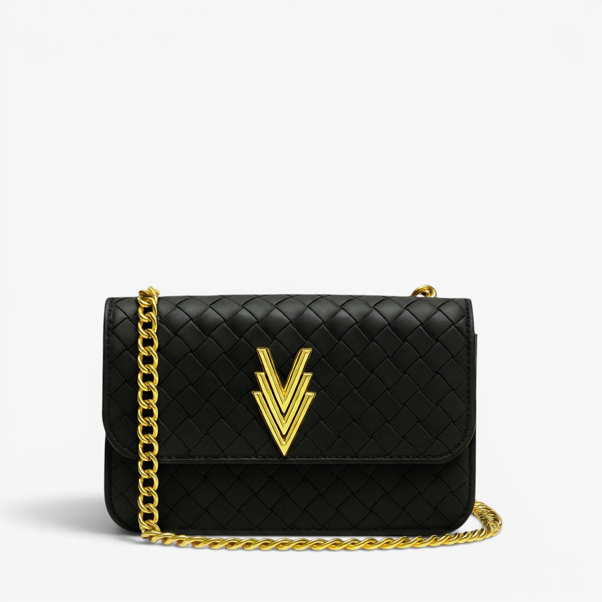 Black quilted handbag with gold chain and logo on a light gray background