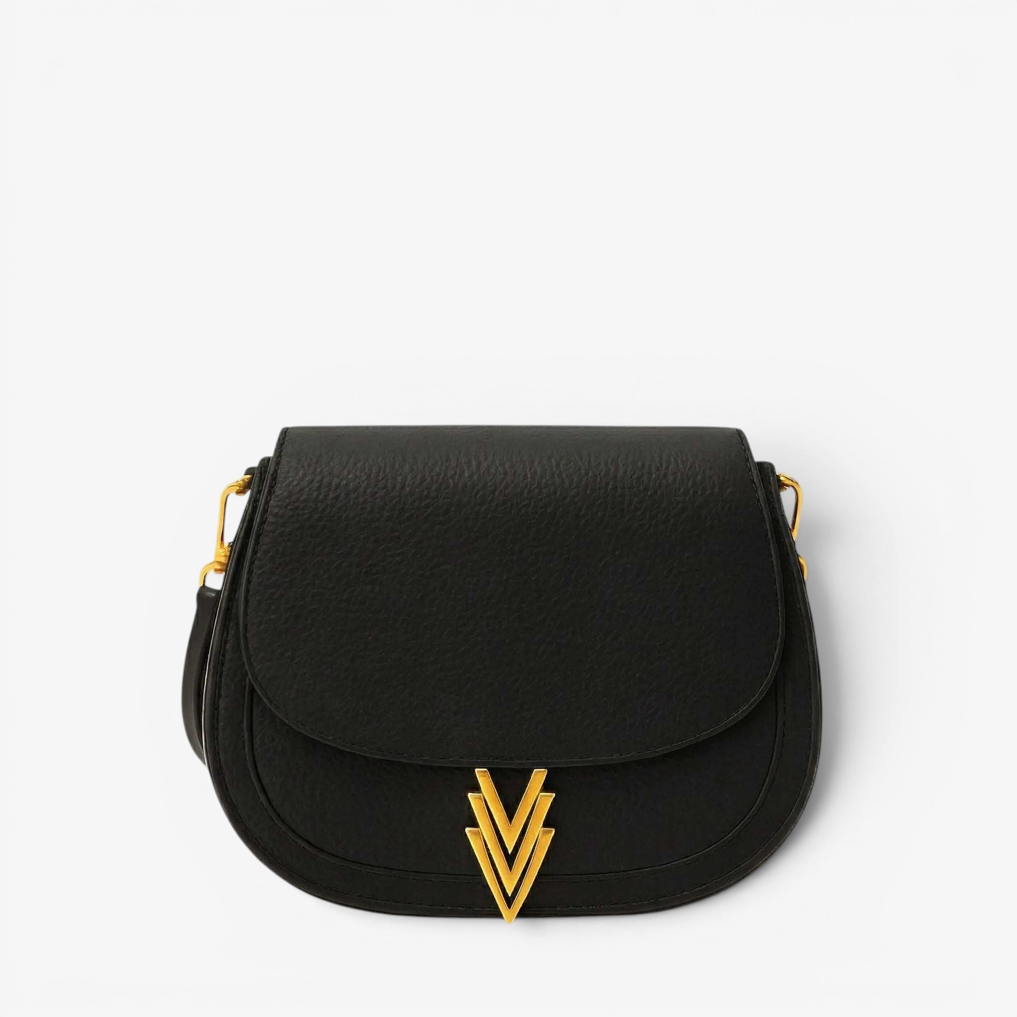 Black handbag with gold accents on a white background