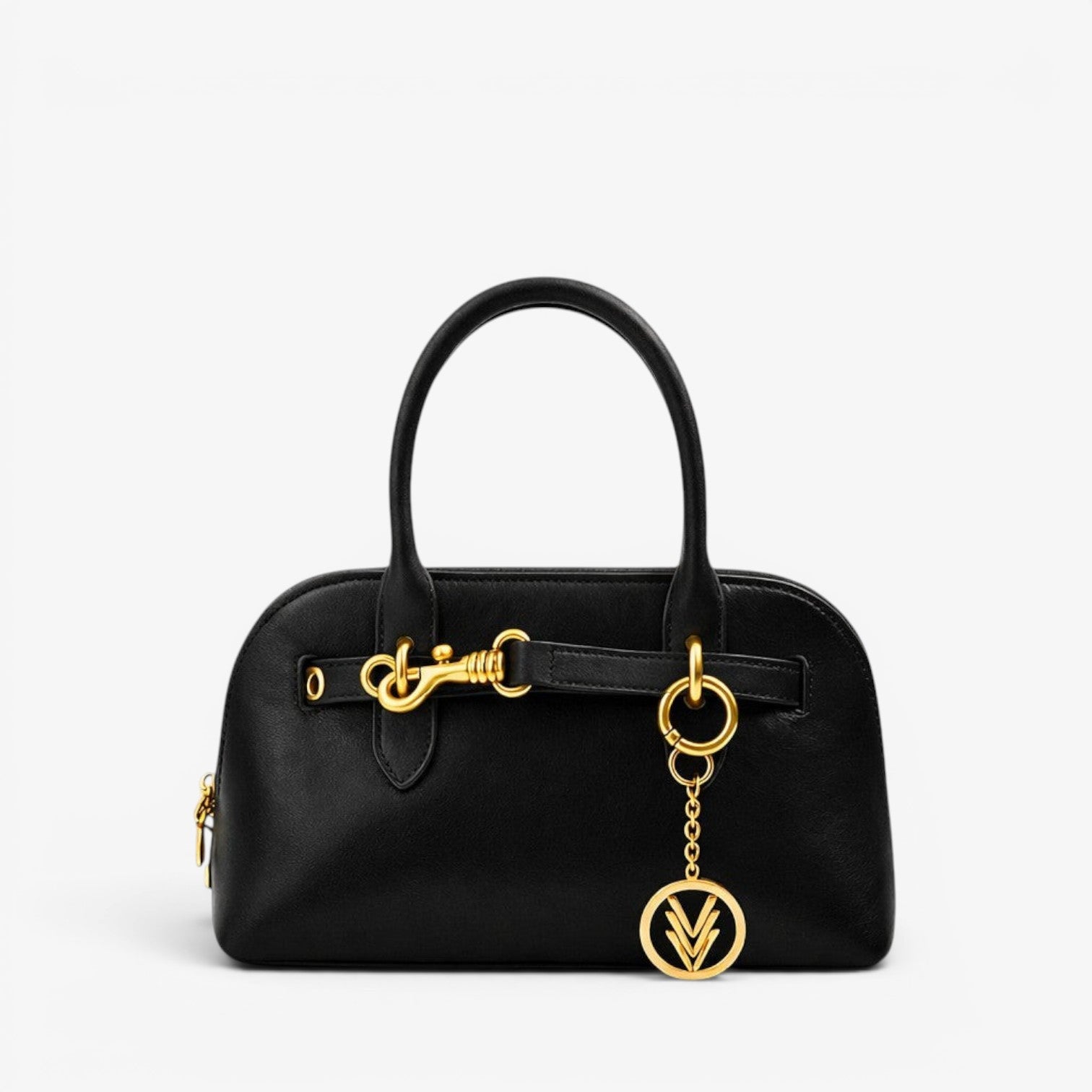 Black handbag with gold accents on a white background