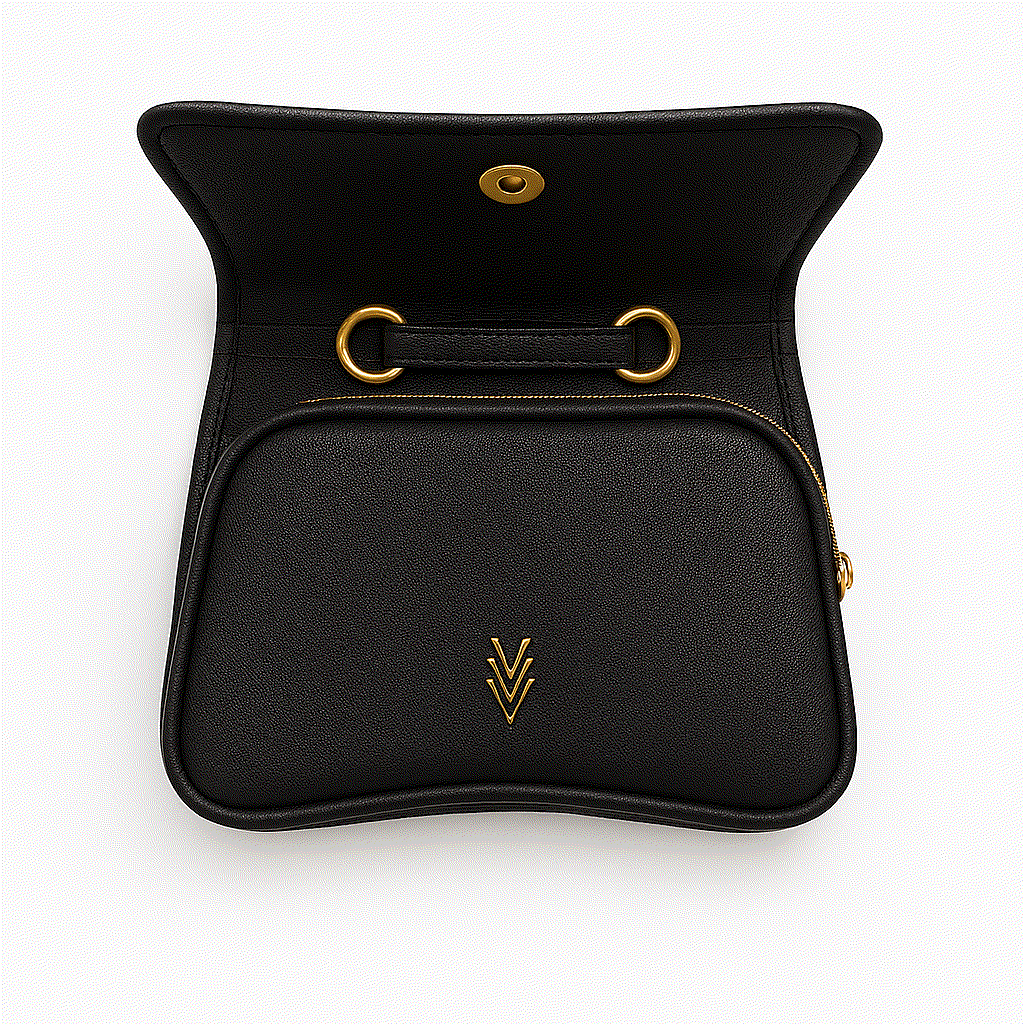 Black leather bag with gold accents on a white background