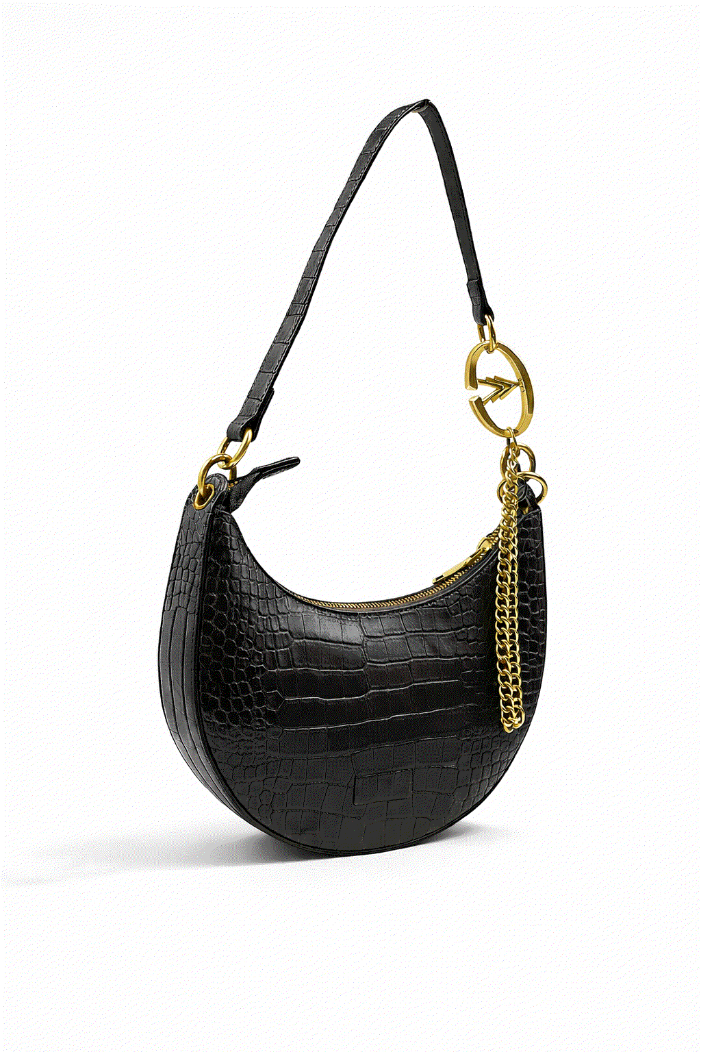 Black crocodile-patterned handbag with gold chain detail on a white background