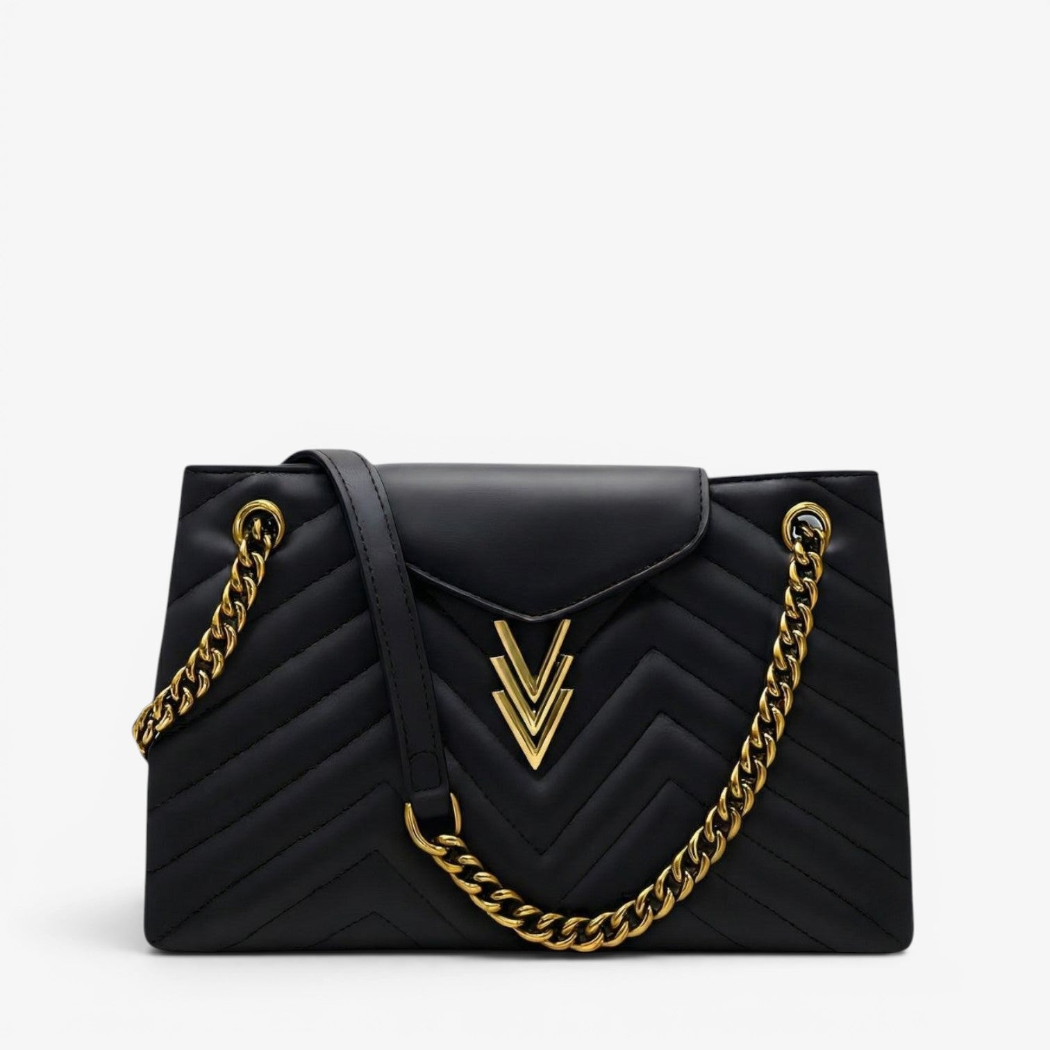 Black handbag with gold chain strap on a white background