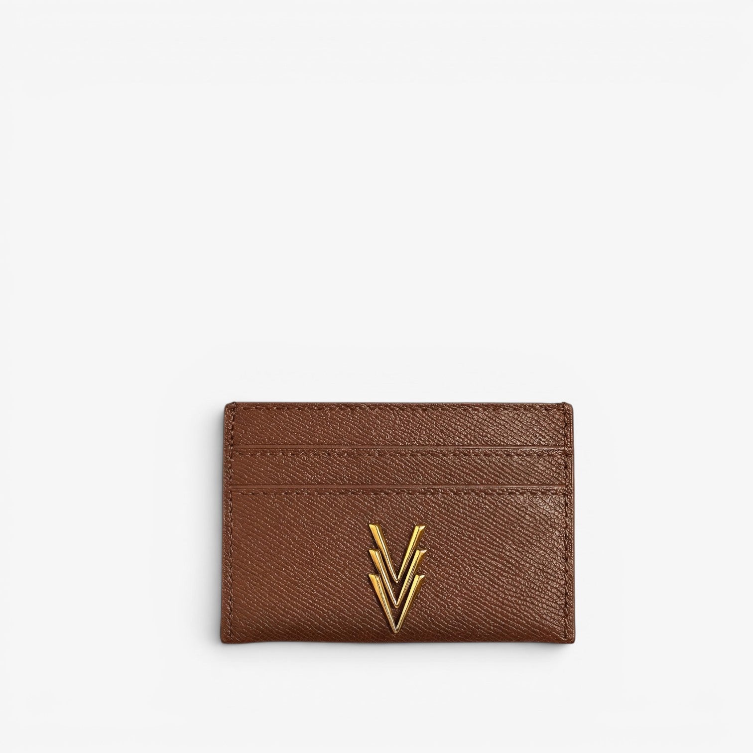 Brown leather cardholder with a gold logo on a white background