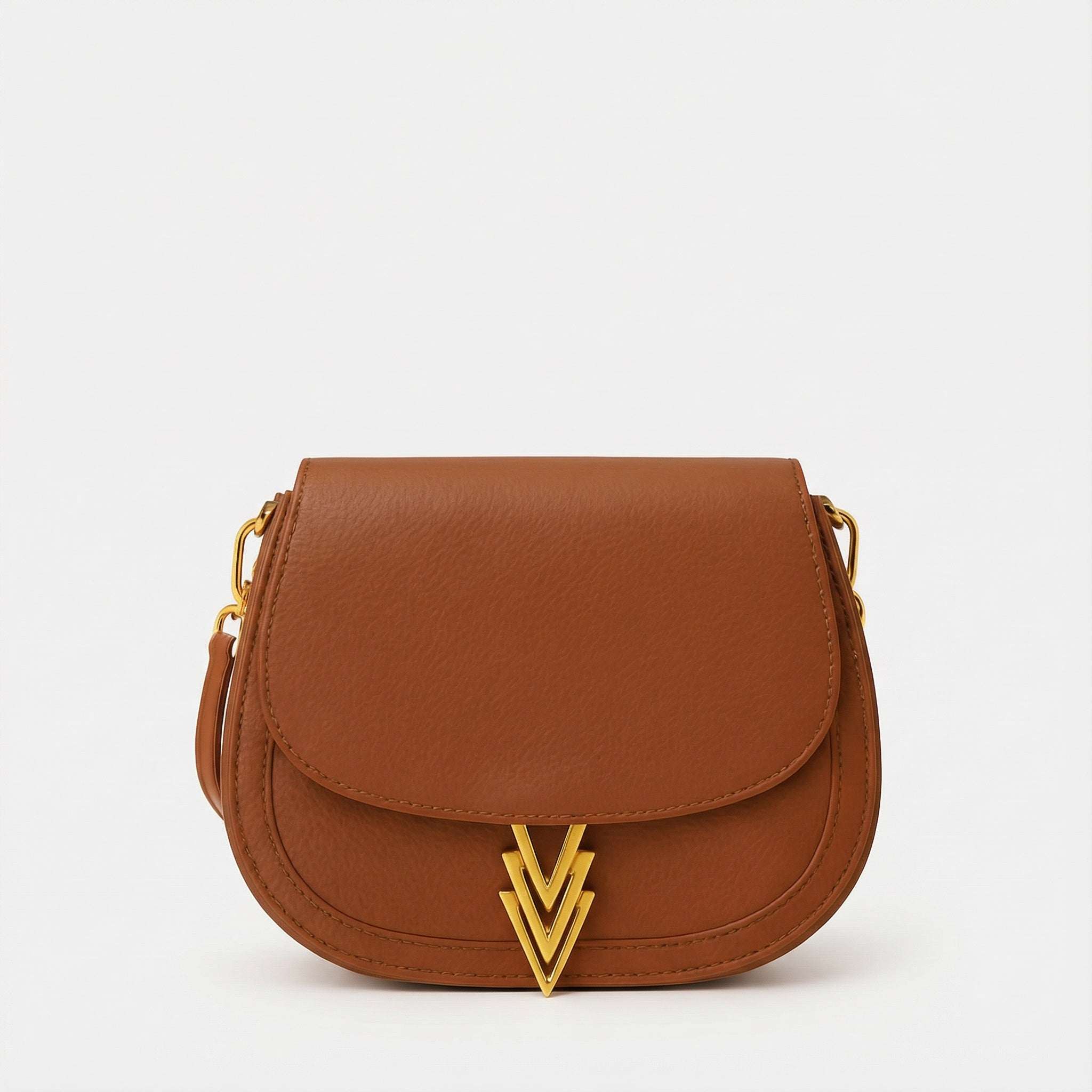 Brown handbag with gold accents on a white background