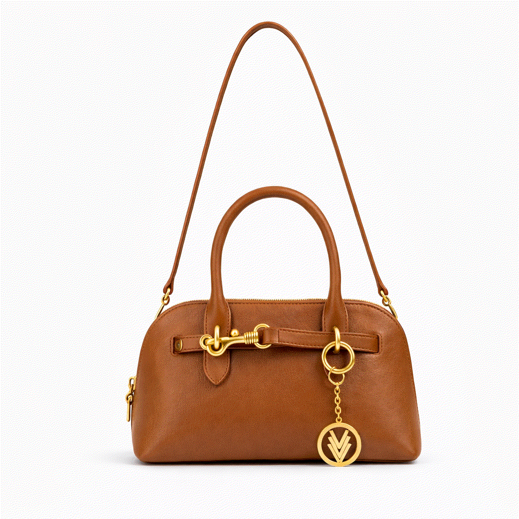 Brown handbag with gold accents on a white background