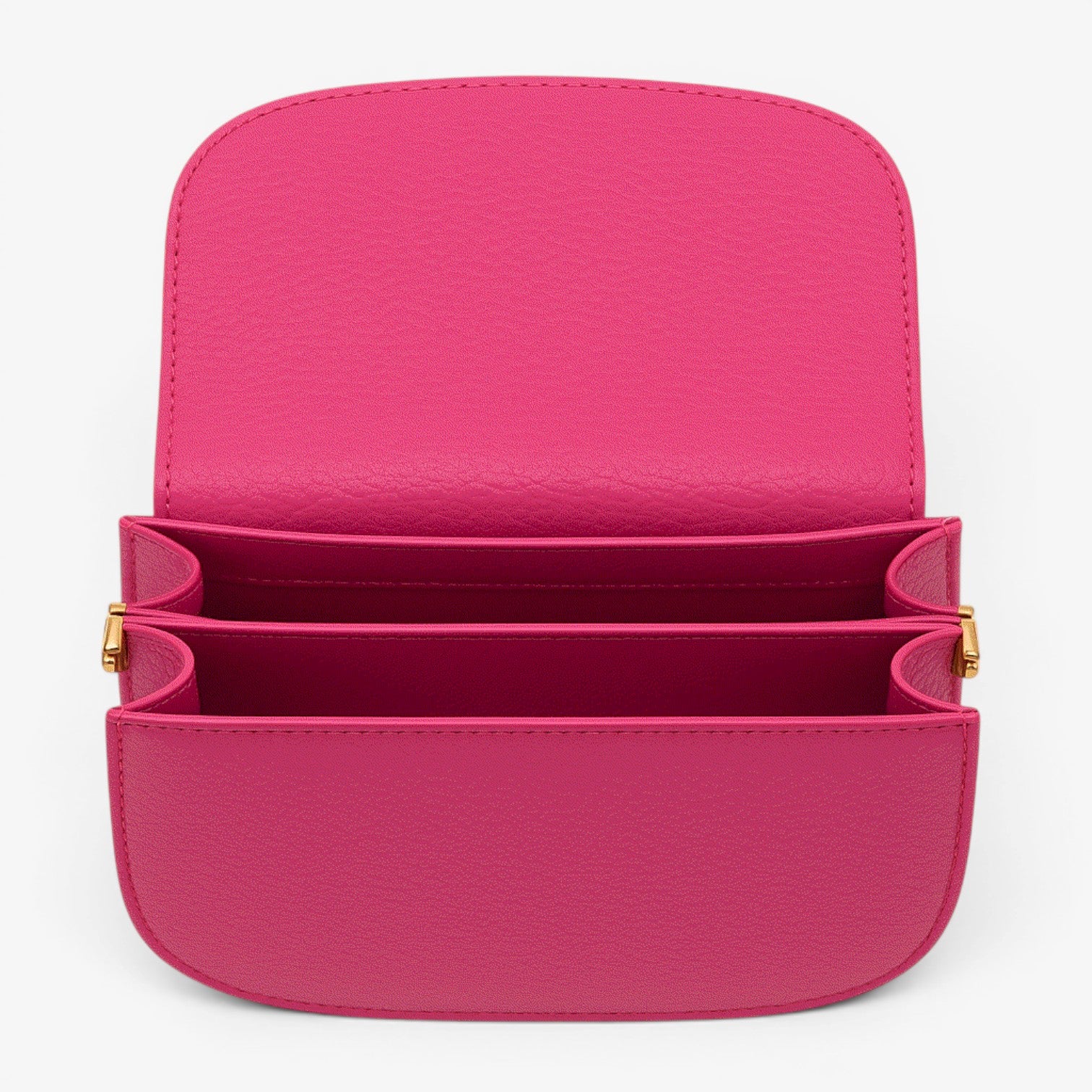 Pink faux leather crossbody with gold accents on a white background