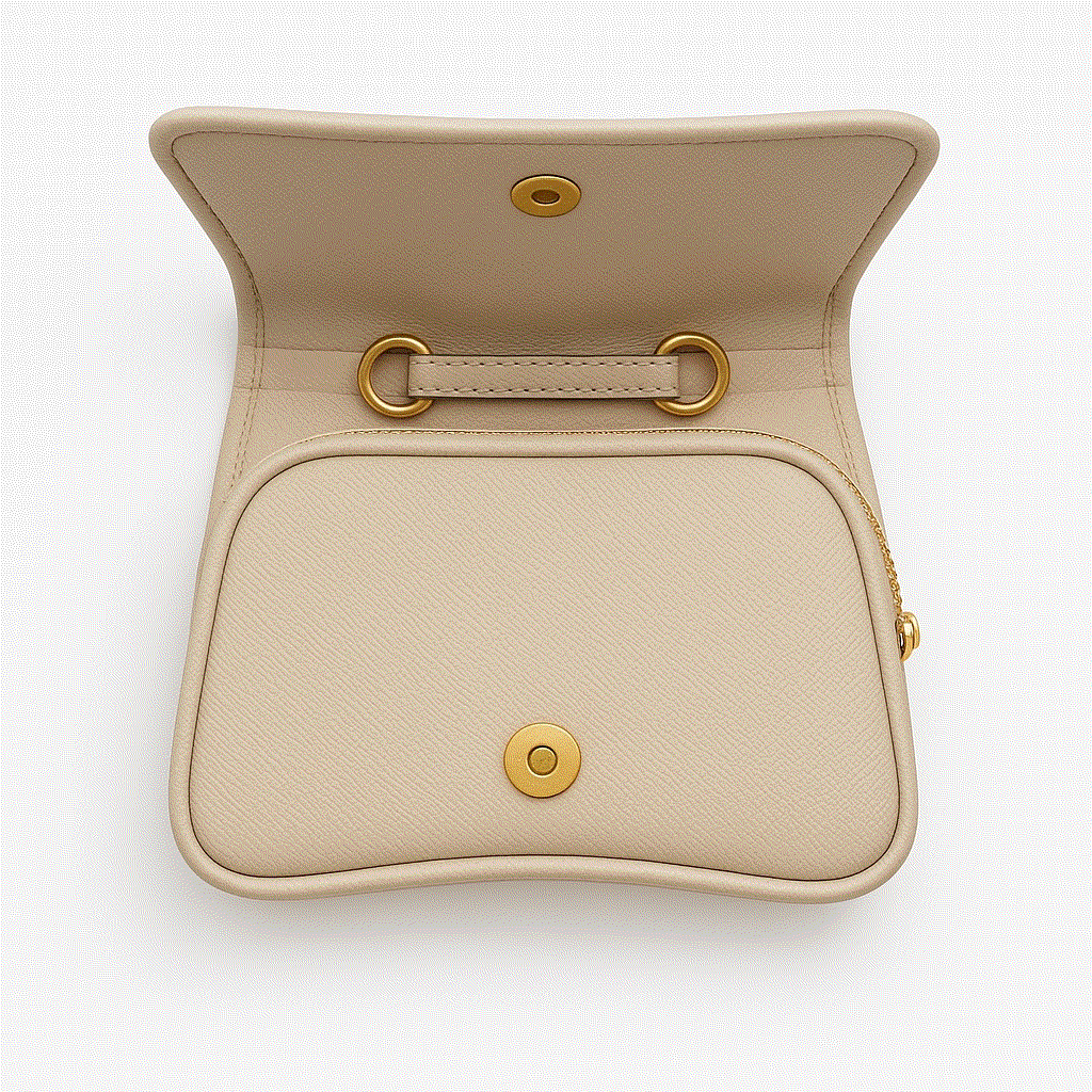 Beige handbag with gold accents on a white background