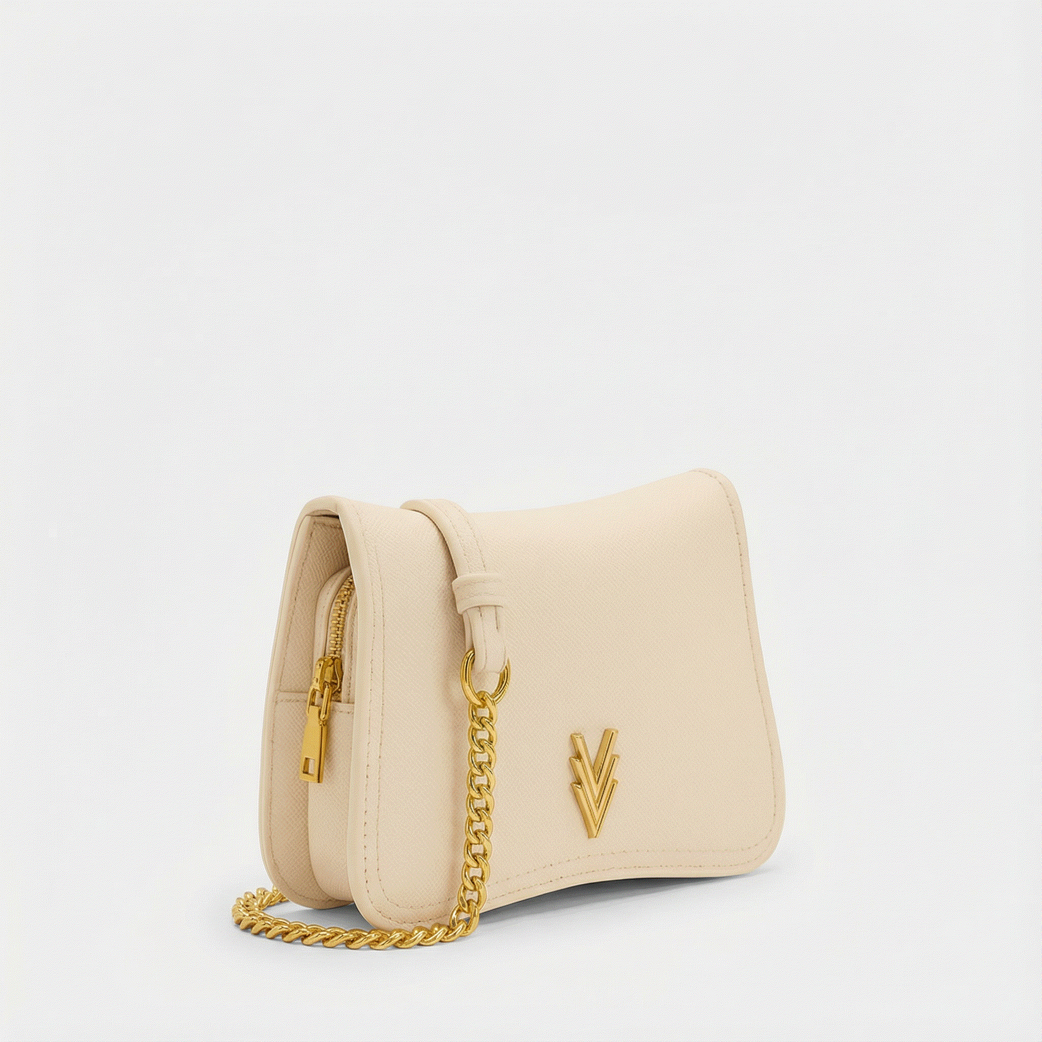 Beige handbag with gold chain and logo on a light gray background