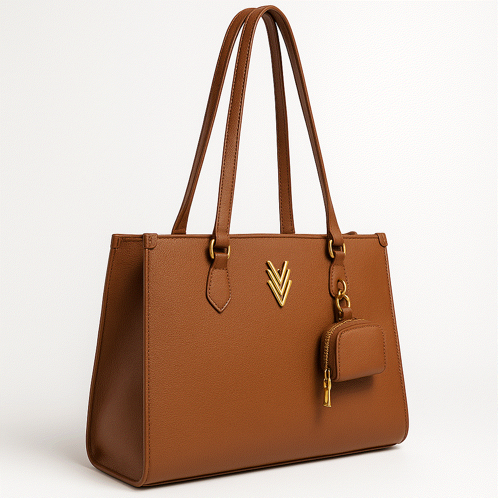 Side View - Large tote with small pouch of headphones