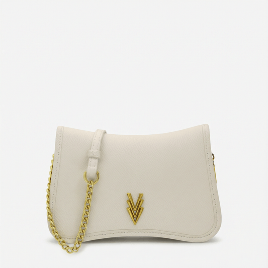 White handbag with gold chain and logo on a white background