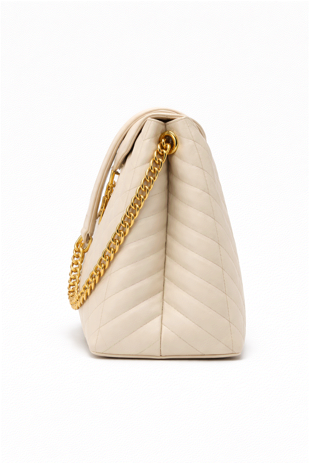 Beige handbag with a gold chain on a white background