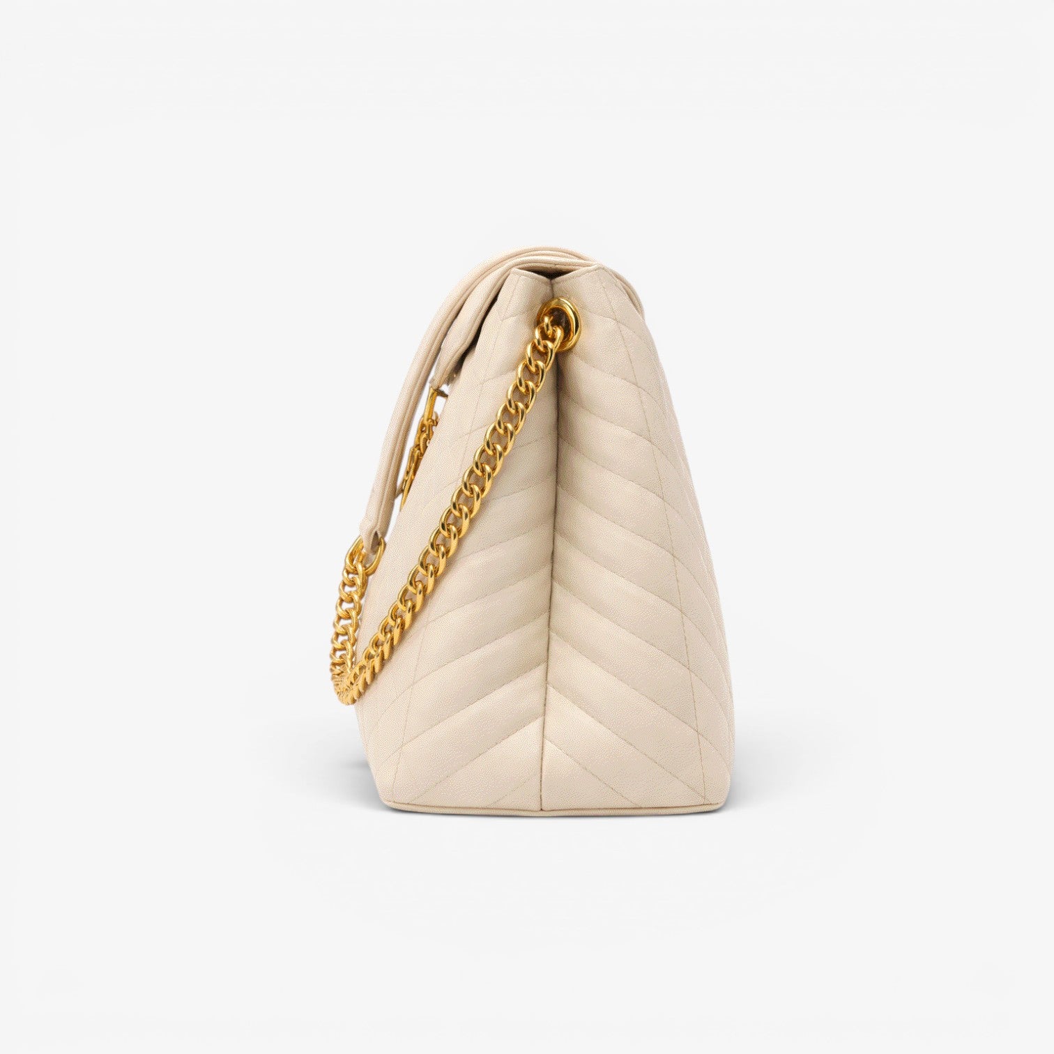 Beige handbag with a gold chain on a white background