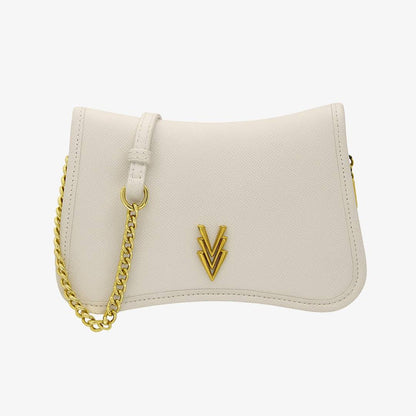 Beige handbag with gold chain and logo on a white background