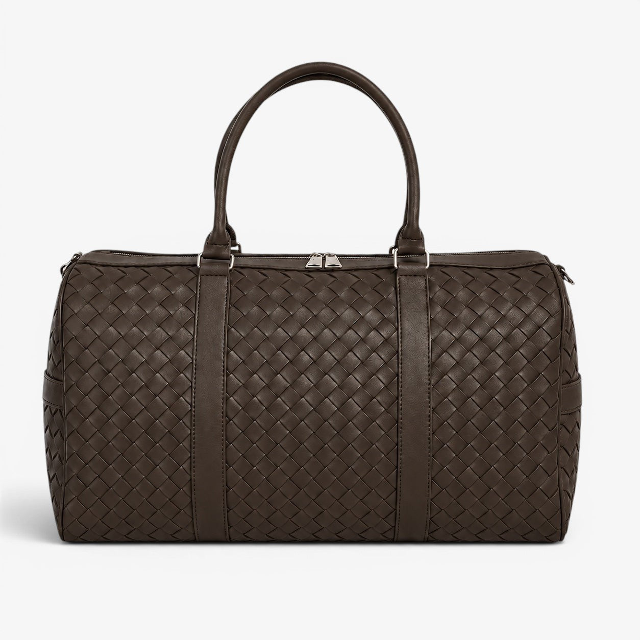 Brown woven duffel bag on a white background