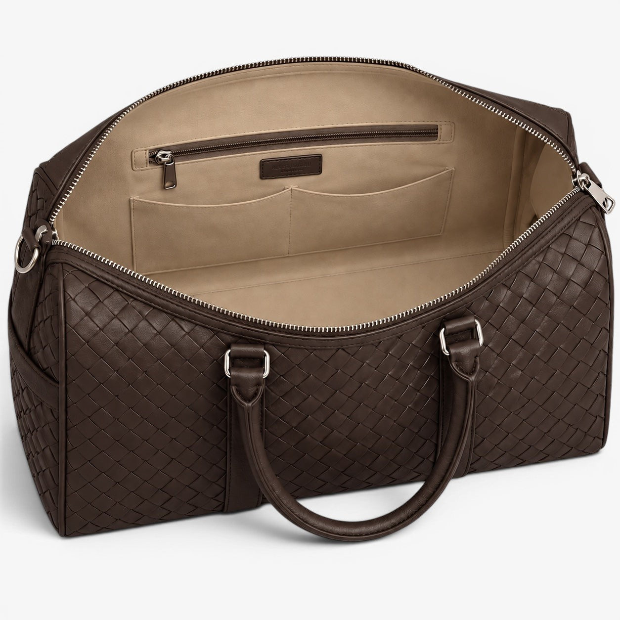 Brown woven duffel bag with open top showing beige interior.