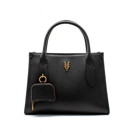 Black handbag with gold accents on a white background