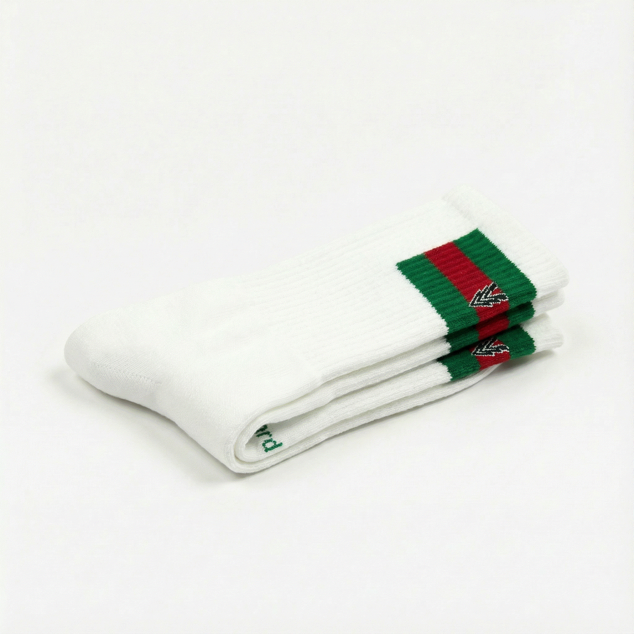 White socks with green and red accents on a white background